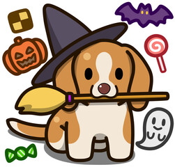 ハロウィン仮装のレモンアンドホワイトのビーグル