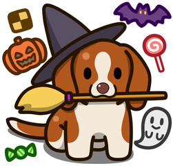 ハロウィン仮装のレッドアンドホワイトのビーグル