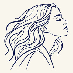Vector art of elegant line art illustration of a serene woman with flowing hair, eyes closed, and a peaceful expression, perfect for beauty, wellness, and mindfulness themes