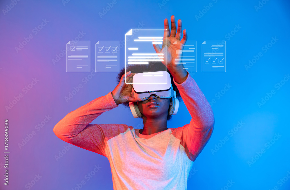 Poster a creative representation of virtual reality impact on business strategy and data insights, illustra