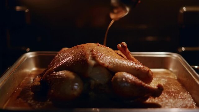 Chef basting roasted duck in an oven