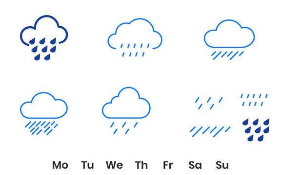 Vector art of weekly weather forecast with rain icons weather forecast icons for each day of the week rainy weather forecast for the week from monday to sunday