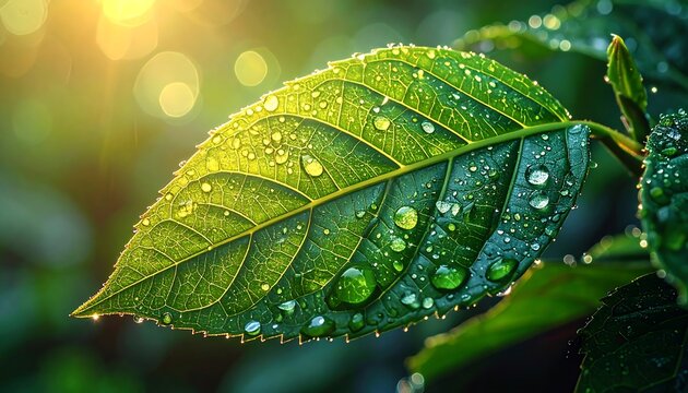 Close-up of a vibrant green leaf covered in dew drops, bathed in sunlight
