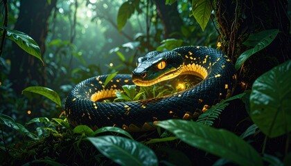 Emerald tree boa snake in a lush rainforest habitat.