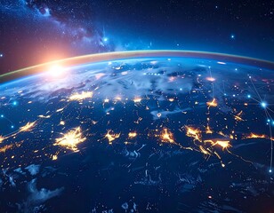 Global network connections at night, illuminated cities