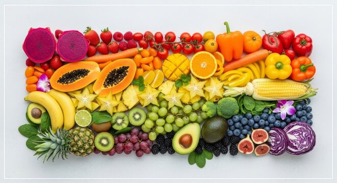 Vibrant Rainbow Arrangement of Fresh Fruits and Vegetables on White Backdrop