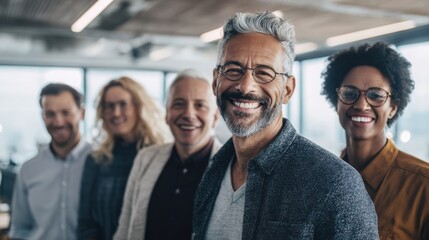 Obraz premium Diverse Group of Happy Business Professionals Smiling in Modern Office Environment.