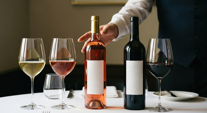 Elegant fine dining scene with red, white, and rosé wine bottles and glasses set on a pristine table for luxurious wine tasting

