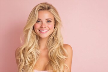 Naklejka premium Bright cheerful young woman with long wavy blonde hair smiling over pink background.