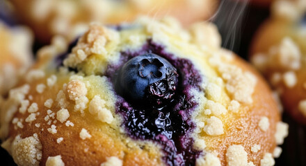 Freshly baked blueberry muffin close-up with crumb topping, golden crust, and steaming berry center for cozy breakfast inspiration
