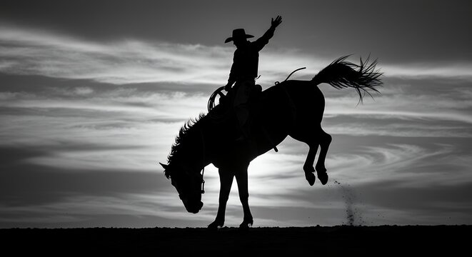 Cowboy riding bucking bronco silhouette