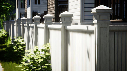 White vinyl fence with decorative posts in a suburban residential yard