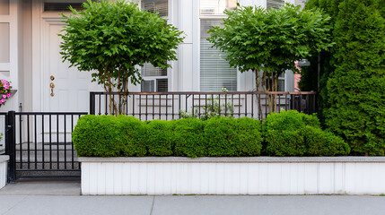 Front yard with manicured shrubs, small trees, and a white planter box in front of a residential building