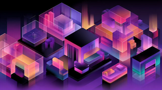 Abstract geometric composition of translucent colorful cubes with glowing edges and layered structures in a futuristic digital environment
