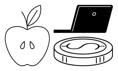 Outlined apple, coin, and laptop blend health, technology, and money for balance and productivity. Ideal for finance, nutrition, tech wellness education work-life balance minimalism. Simple flat