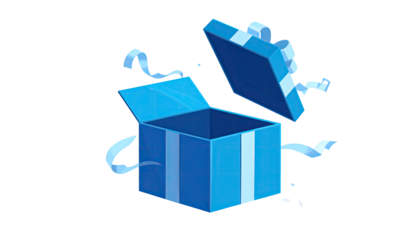 Open gift box, light blue, with white stripes, ribbons, and a dark background