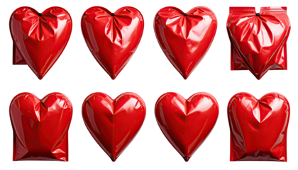 Nine red heart-shaped objects, glossy and wrinkled, like inflated, plastic bags