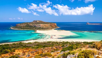 Obraz premium Panoramic view of a beautiful beach, turquoise water, and a small island