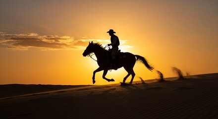 Silhouette of horseback rider at sunset