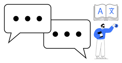 Two speech bubbles with typing dots, an open book with multilingual characters, and a figure holding a globe. Ideal for communication, translation, global reach, education, language learning