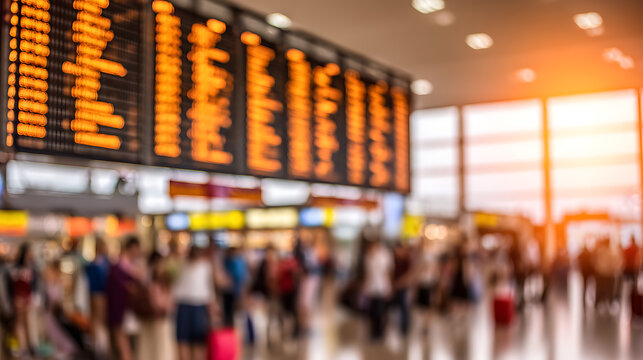 Blurred view of airport terminal with flight information display and travelers in motion