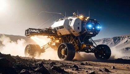 Futuristic Rover Exploring Martian Landscape Space Exploration.