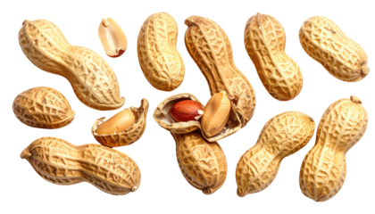 Close-up of various peanuts in their shells, some cracked open, displaying the nut inside.  A collection of whole and broken peanuts against a black background