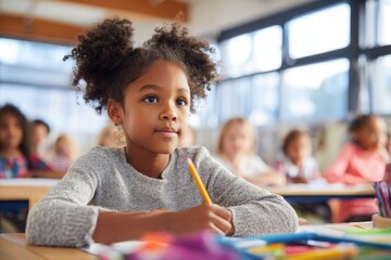 Young schoolgirl with curly hair taking notes in classroom during lesson on colorful desks.