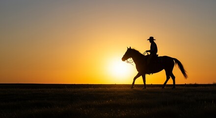 Silhouette of rider and horse at sunset