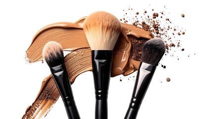Makeup brushes and foundation.  Three makeup brushes with black handles, various shapes and sizes,  surrounded by streaks and splatters of beige/tan foundation and loose powder
