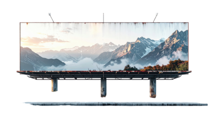 Large billboard displaying a panoramic mountain landscape.  Rusty, weathered supports