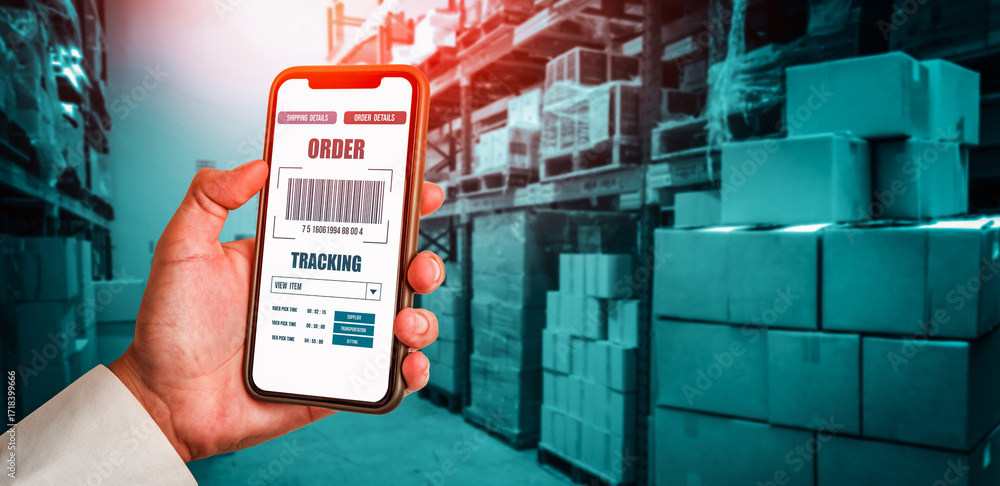Poster warehouse management innovative software in computer for real time monitoring of goods package deliv