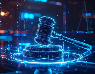 Digital gavel on a glowing pedestal