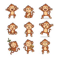 Fototapeta premium Cute cartoon monkeys with various facial expressions and poses, isolated on white background