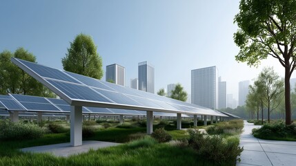 Solar panel array in an urban park setting with modern city buildings in the background. Concept of green energy, sustainable development.
