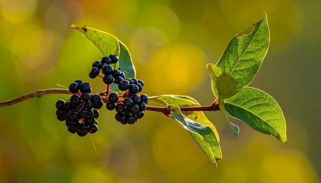 Dark berries cluster on a branch with vibrant green leaves, bathed in warm sunlight - Powered by Adobe