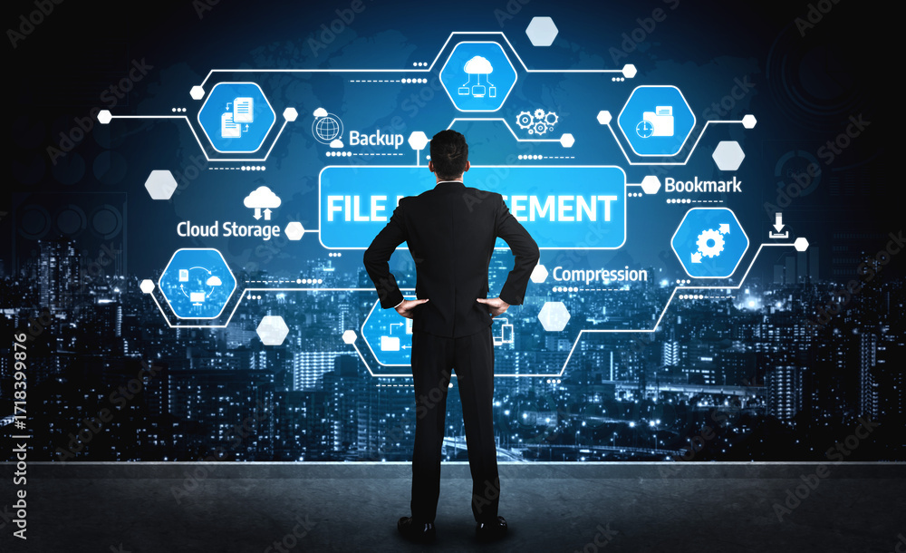 Poster a business professional stands before a futuristic display, exploring various data management strate