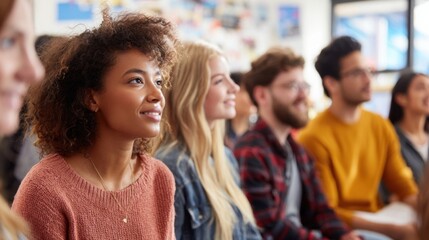 Diverse young adults attending an engaging lecture or seminar in a modern classroom.