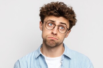 Obraz premium Young man with curly hair and glasses making a confused and skeptical face.