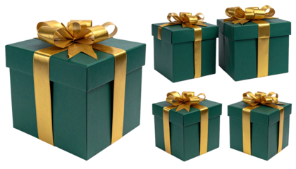 Four dark teal gift boxes, each with a gold ribbon bow