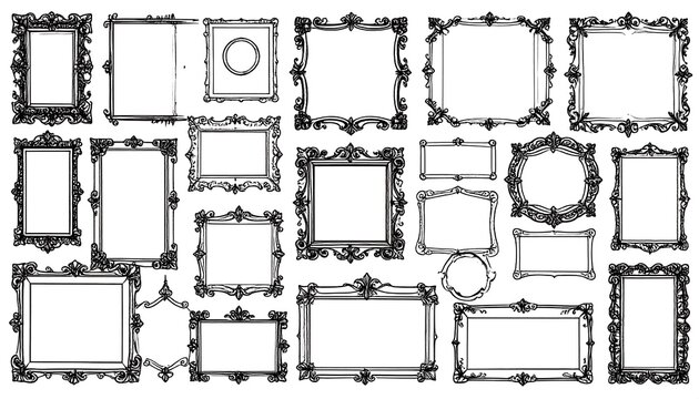 Ornate picture frames in various shapes and sizes