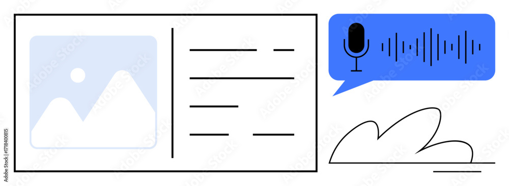Leinwandbilder microphone icon with sound wave next to a layout of image and text elements. ideal for voice technol