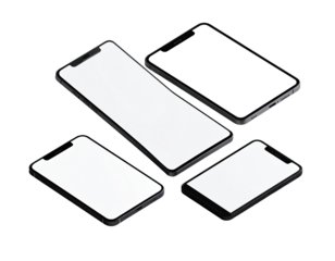 Four smartphones in various angles, all displaying blank white screens.  Modern, sleek design with black frames.  Isometric view