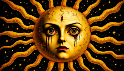Ominous Crying Sun Over Earth as a Harbinger of Doom, Psychedelic, Premonition, Sun with a Tear