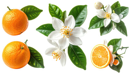 Fresh oranges and blossoms. flowers with green leaves, arranged in a grid pattern.  Vibrant colors and details highlight the citrus fruit and blossoms.  High-quality image
