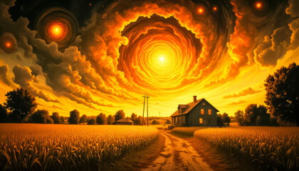 A luminous celestial body approaching the Earth, Ominous Sun, Psychedelic, Premonition