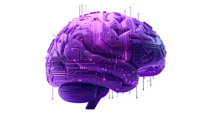 3D illustration of a purple brain with intricate circuit board patterns.  The brain is rendered with a gradient of deep purple to light purple, and the circuits are glowing