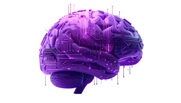 3D illustration of a purple brain with intricate circuit board patterns.  The brain is rendered with a gradient of deep purple to light purple, and the circuits are glowing - Powered by Adobe