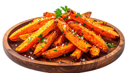 Roasted sweet potato fries piled high on a wooden plate (1)