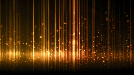 Golden vertical light beams and glowing particles creating an abstract background with a sense of depth and shimmering radiant energy in a dark setting